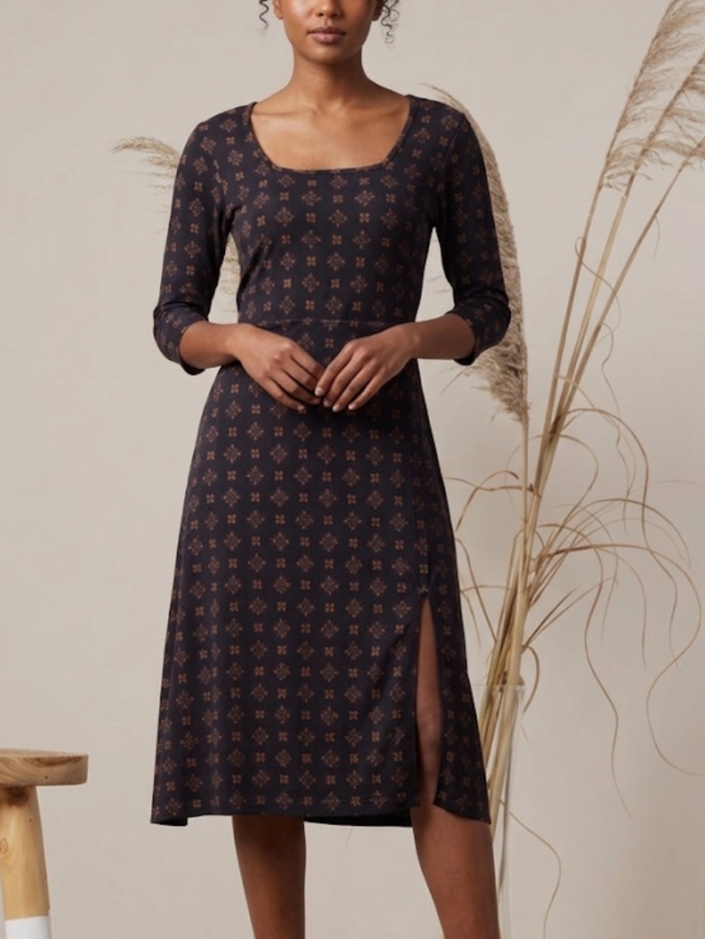 Natural by Known Supply Black Floral-Print Midi Ellery Dress with Side Slit Sz S